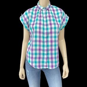 Koret Shirt Womens Size 12 Short Sleeve Snap Purple Check Vintage NWT